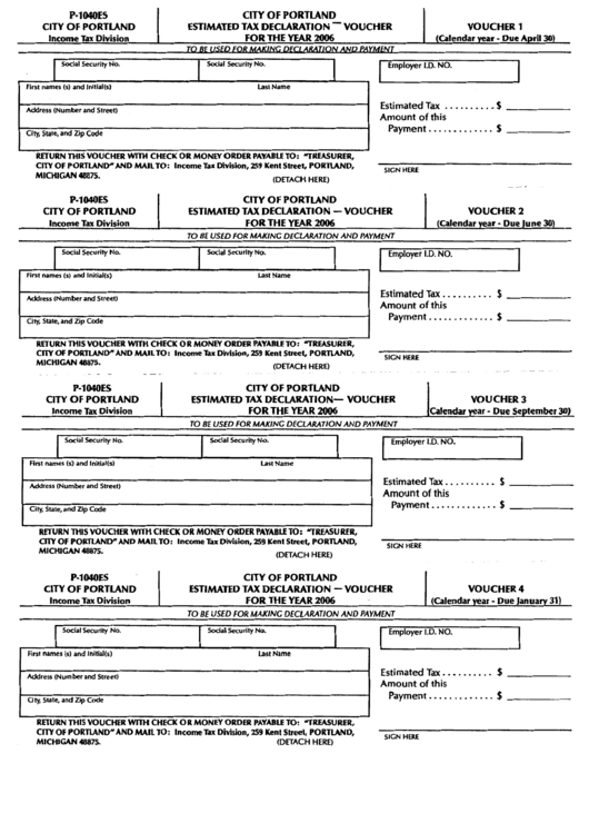 Form P-1040es - Estimated Tax Declaration Voucher - City Of Portland - 2006 Printable pdf