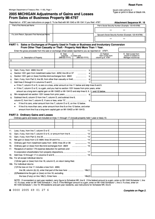 Fillable Form Mi-4797 - Michigan Adjustments Of Gains And Losses From Sales Of Business Property - 2005 Printable pdf