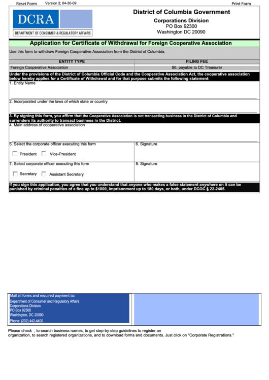 Fillable Application For Certificate Of Withdrawal For Foreign Cooperative Association - Dcra Printable pdf
