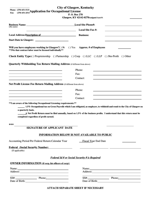 Application For Occupational License - City Of Glasgow - State Of Kentucky Printable pdf
