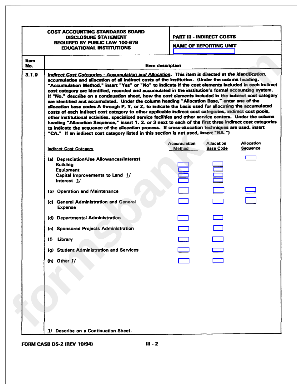 Form Casb Ds-2 - Cost Accounting Standards Board Disclosure Statement For Educational Institutions - United States Department Of Defense