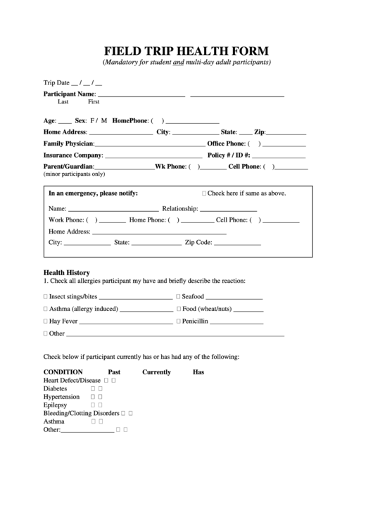 Field Trip Health Form Printable pdf