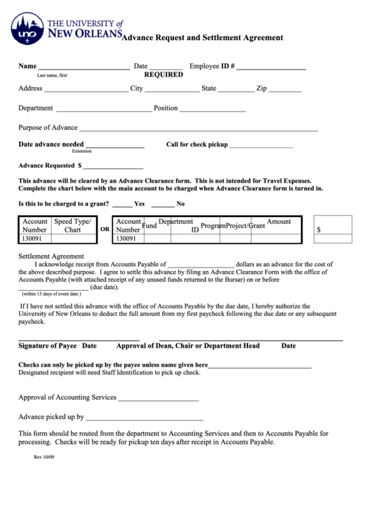 Fillable Advance Request And Settlement Agreement Form - The University Of New Orleans Printable pdf