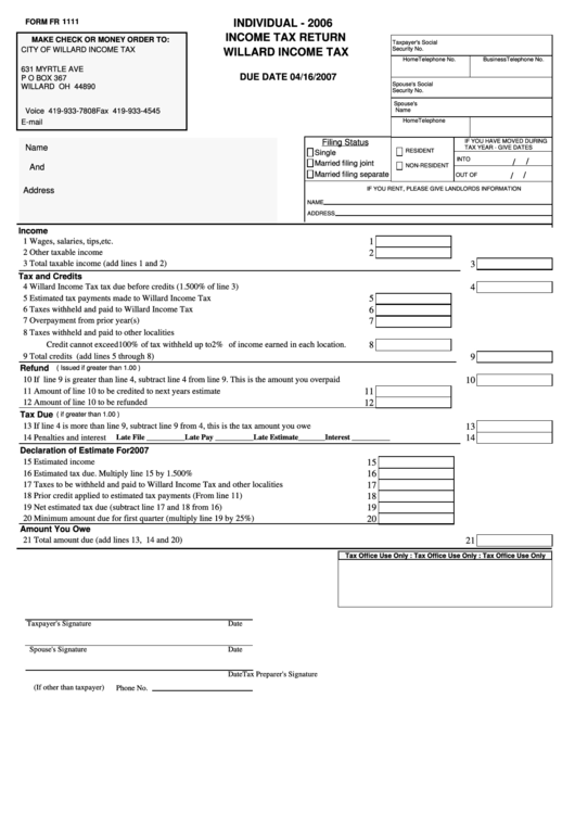Form Fr 1111 - Individual Income Tax Return - Willard Income Tax - 2006 Printable pdf