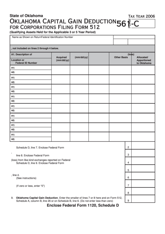 Fillable Form 561-C - Oklahoma Capital Gain Deduction For Corporations Filing Form 512 - 2006 Printable pdf