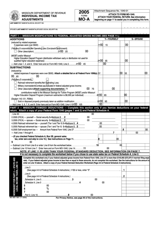 Form Mo-A - Individual Income Tax Adjustments - 2005 Printable pdf