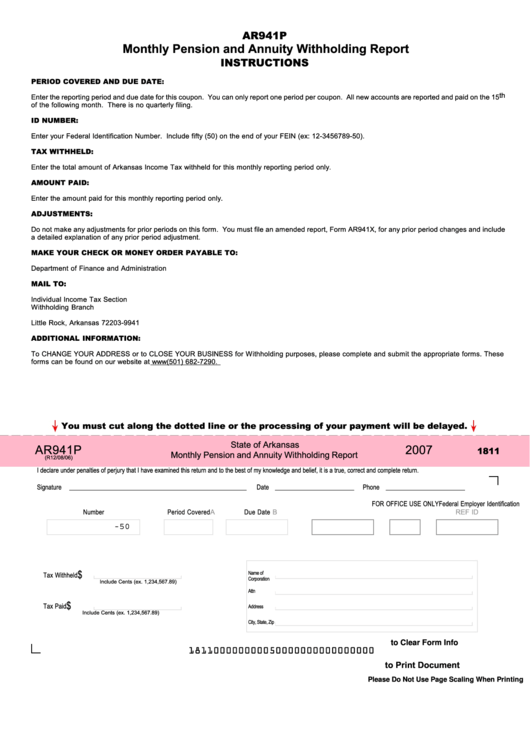 Fillable Form Ar941p - Monthly Pension And Annuity Withholding Report - 2007 Printable pdf