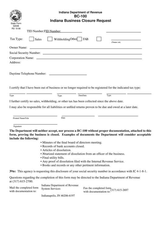 Fillable Form Bc-100 - Indiana Business Closure Request Printable pdf