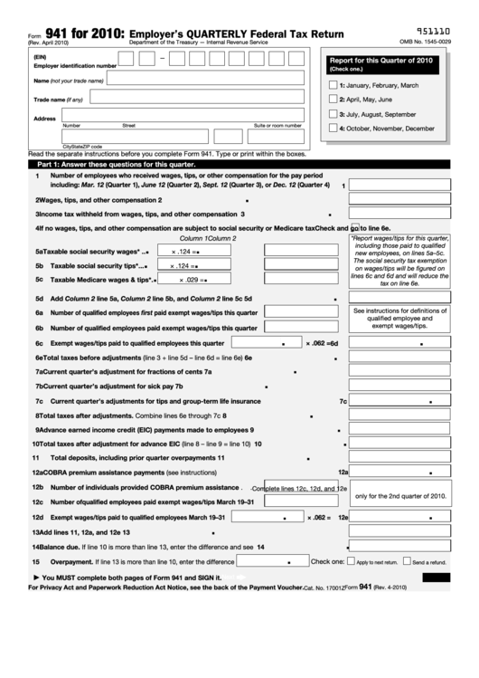 Fillable Form 941 Employer S Quarterly Federal Tax Return 2010