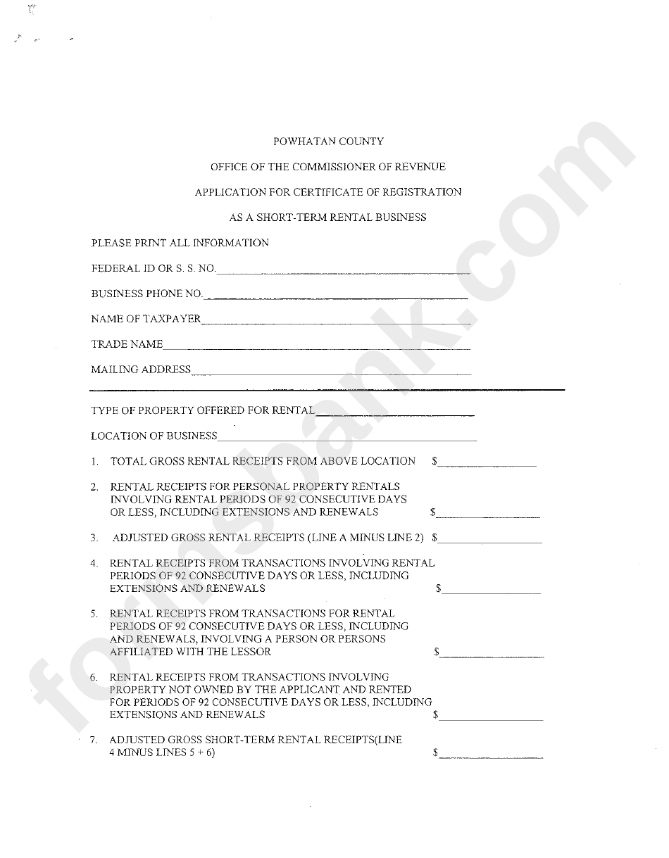 Application For Certificate Of Registration As A Short-Term Rental Business - Powhatan County