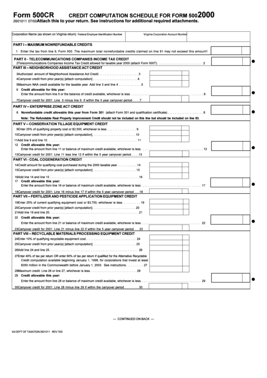 Form 500cr - Credit Computation Schedule For Form 500 - 2000 Printable pdf