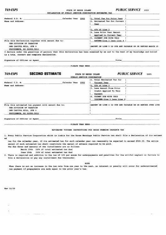 Form T69-Esps - Declaration Of Public Service Corporation Estimated Tax - 2002 Printable pdf