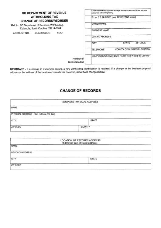 Withholding Tax Change Of Records/reorder - South Carolina Department Of Revenue Printable pdf