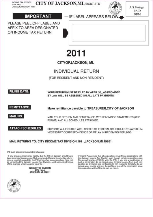 Individual Return (For Resident And Non-Resident) - City Of Jackson - 2011 Printable pdf