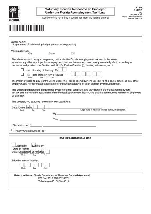 Form Rts-2 - Voluntary Election To Become An Employer Under The Florida Reemployment Tax* Law Printable pdf