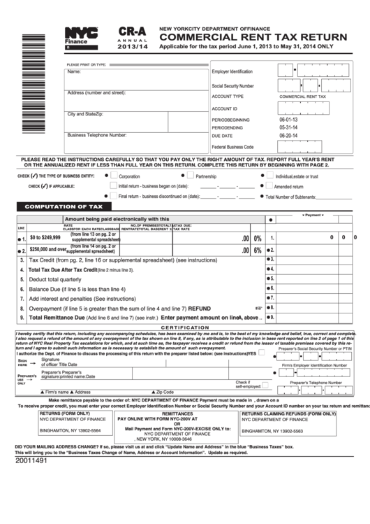 Form CrA Commercial Rent Tax Return 2013/14 printable pdf download