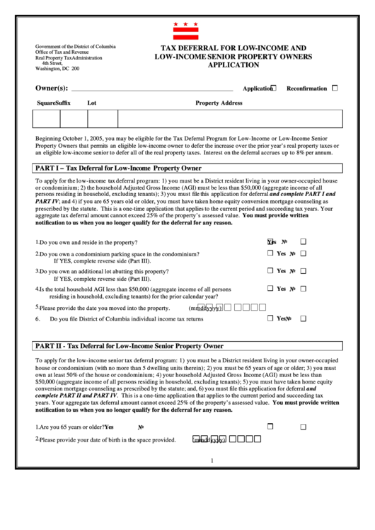 Tax Deferral For Low-Income And Low-Income Senior Property Owners Application - Goverment Of The District Of Columbia Printable pdf