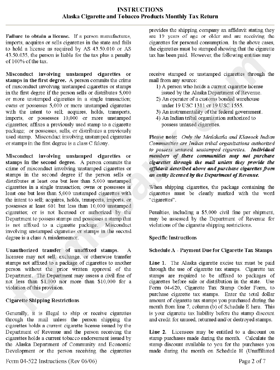 Form 04-522 Instructions - Cigarette And Tobacco Products Tax Return - Alaska Department Of Revenue, 2007