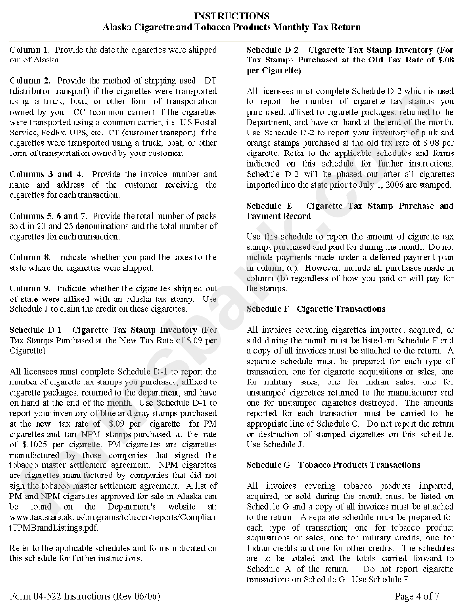 Form 04-522 Instructions - Cigarette And Tobacco Products Tax Return - Alaska Department Of Revenue, 2007
