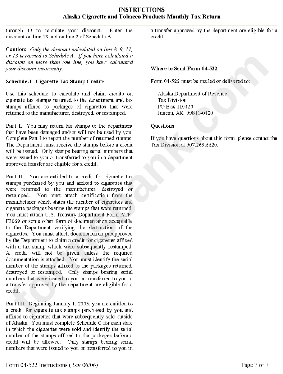 Form 04-522 Instructions - Cigarette And Tobacco Products Tax Return - Alaska Department Of Revenue, 2007
