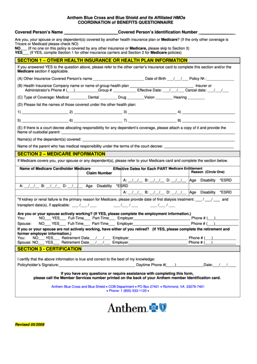 Coordination Of Benefits Questionnaire - Anthem Blue Cross And Blue Shield And Its Affiliated Hmos - 2009 Printable pdf