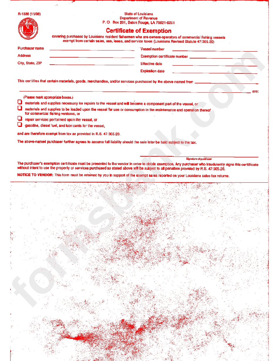 Form R-1336 - Certificate Of Exemption - Louisiana Department Of Revenue