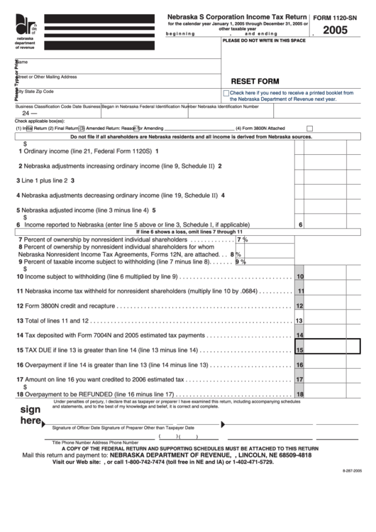 Fillable Form 1120-Sn - Nebraska S Corporation Income Tax Return - 2005 Printable pdf