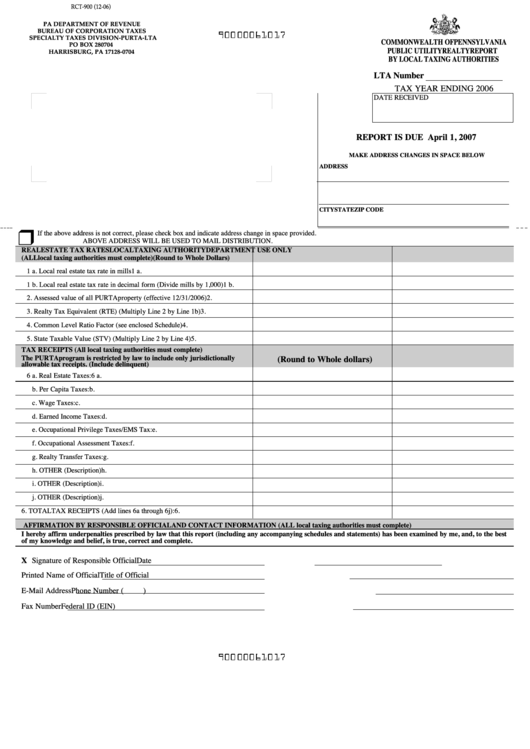 Form Rct-900 - Public Utility Realty Report By Local Taxing Authorities - 2006 Printable pdf