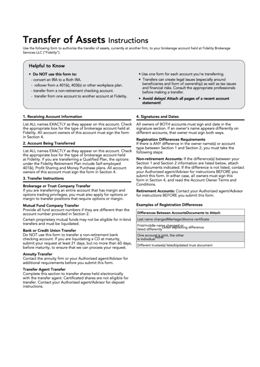 Fillable Transfer Of Assets Form - Fidelity Investments Printable pdf