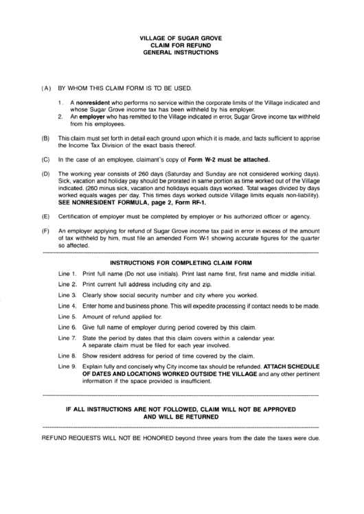 Claim For Refund Instructions - Village Of Sugar Grove Printable pdf