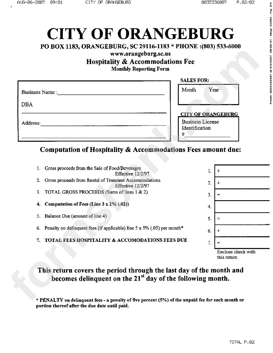 Hospitality And Accommodations Fee - Monthly Reporting Form - City Of Orangeburg