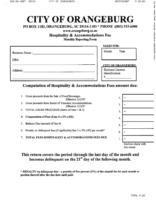 Hospitality And Accommodations Fee - Monthly Reporting Form - City Of Orangeburg Printable pdf