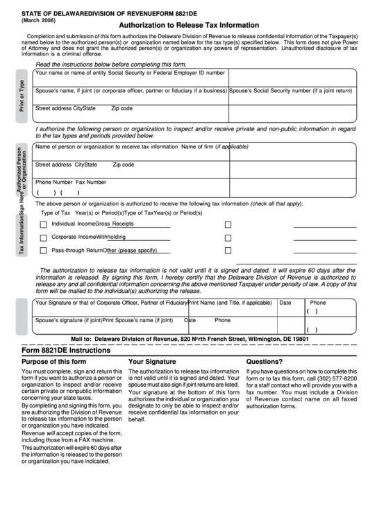 Fillable Form 8821de - Authorization To Release Tax Information - Delaware Division Of Revenue Printable pdf