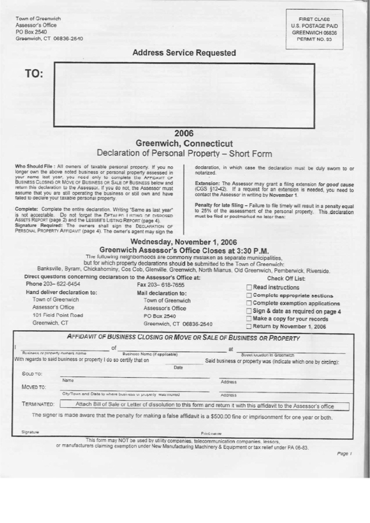 Declaration Of Personal Property (Short Form) - Town Of Greenwich Assessor