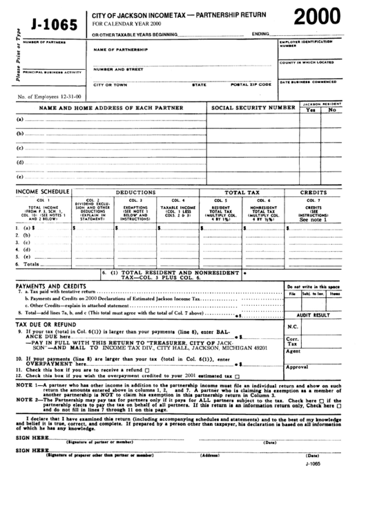 Form J-1065 - Partnership Return - 2000 Printable pdf