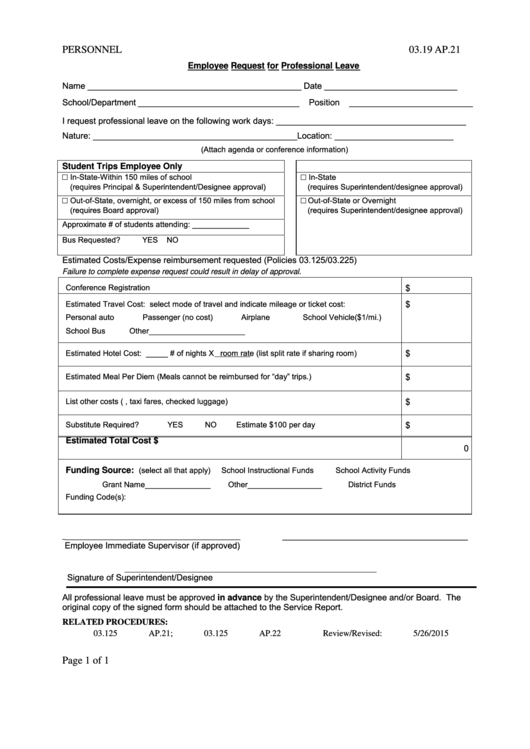 Fillable Employee Request For Professional Leave Printable pdf