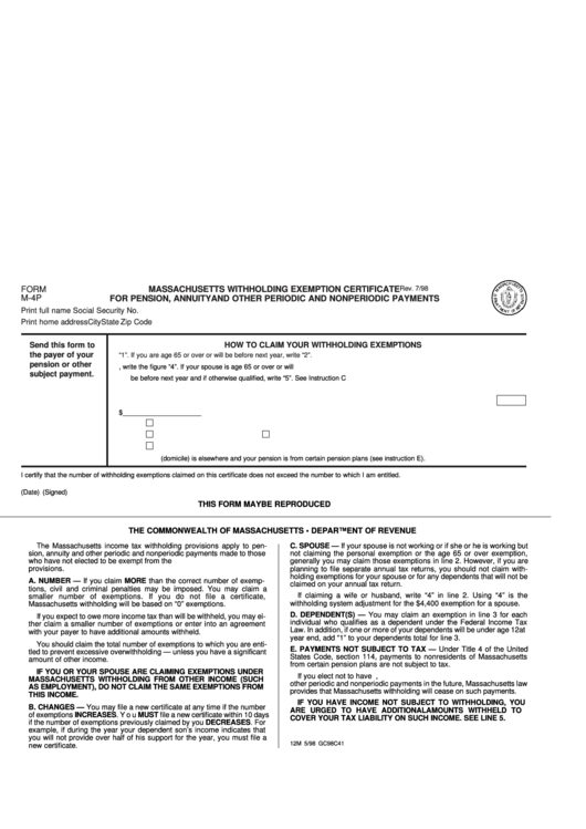 Fillable Form M-4p - Massachusetts Withholding Exemption Certificate For Pension, Annuity And Other Periodic And Nonperiodic Payments Printable pdf