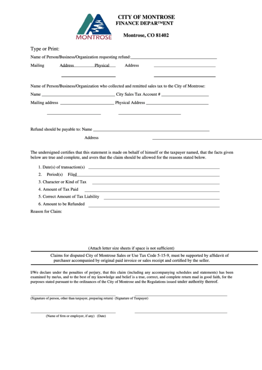 Claim For Refund - City Of Montrose Finance Department Printable pdf