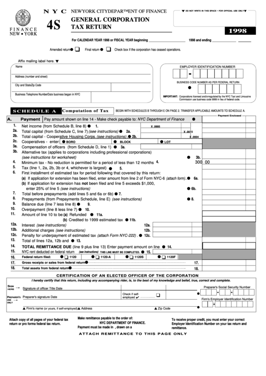 Fillable Form Nyc 4s - General Corporation Tax Return - 1998 Printable pdf