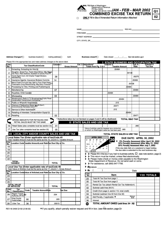 Combined Excise Tax Return Form - Jan - Feb - Mar 2002 Printable pdf