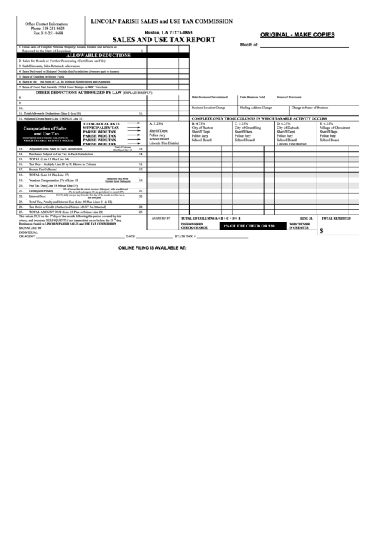 Sales And Use Tax Report Form - Lincoln Parish Sales And Use Tax Com M Ission - Louisiana Printable pdf