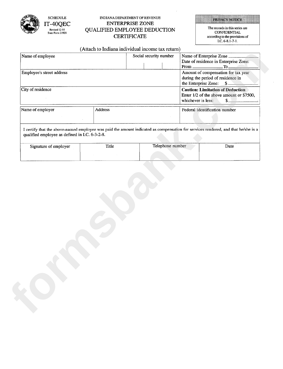 Form It-40qec - Enterprise Zone Qualified Employee Deduction Certificate - Indiana Department Of Revenue