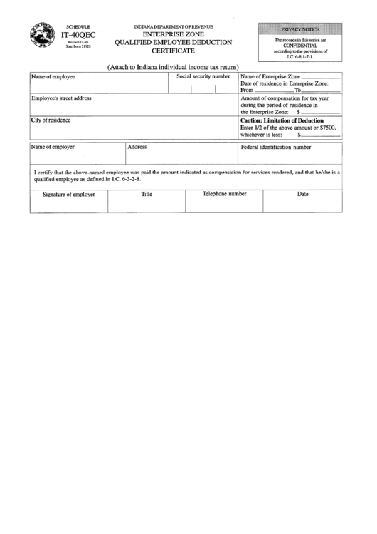 Form It-40qec - Enterprise Zone Qualified Employee Deduction Certificate - Indiana Department Of Revenue Printable pdf