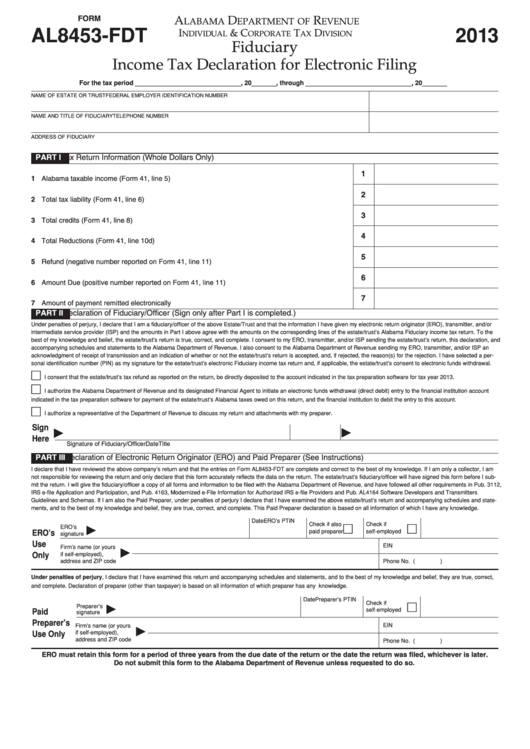 Form Al8453-Fdt - Fiduciary Income Tax Declaration For Electronic Filing - 2013 Printable pdf