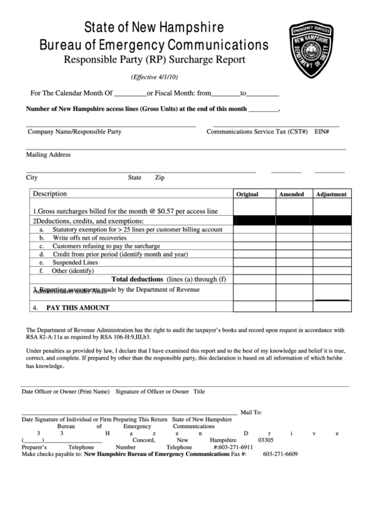 Fillable Responsible Party (Rp) Surcharge Report - New Hampshire Bureau Of Emergency Communications Printable pdf