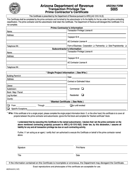 Fillable Arizona Form 5005 - Transaction Privilege Tax Prime Contractor