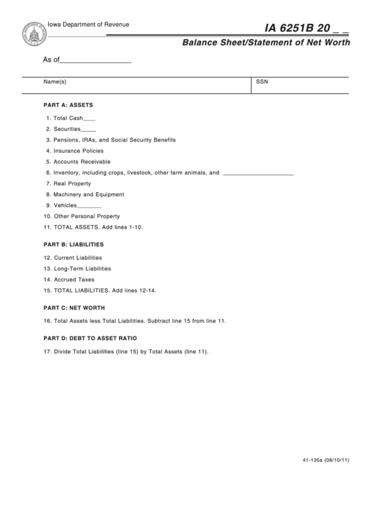Form Ia 6251b - Balance Sheet/statement Of Net Worth - 2011 Printable pdf