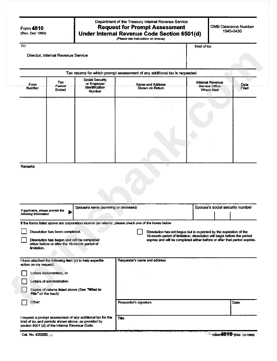 Form 4810 - Request For Prompt Assessment Under Internal Revenue Code Section 6510(D) - Internal Revenue Service