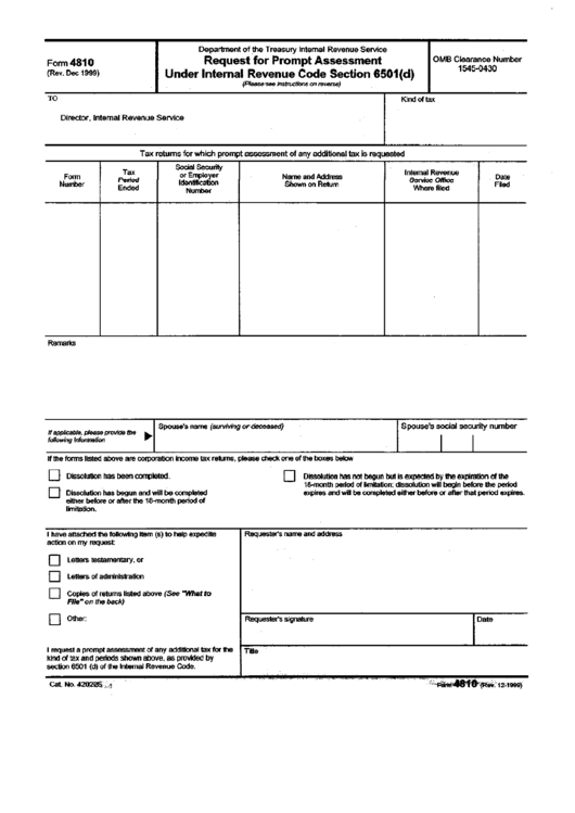 Form 4810 - Request For Prompt Assessment Under Internal Revenue Code Section 6510(D) - Internal Revenue Service Printable pdf
