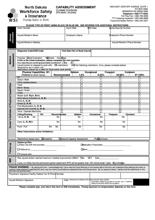 Form Sfn 58550 - Capability Assessment - North Dakota Workforce Safety & Insurance Printable pdf